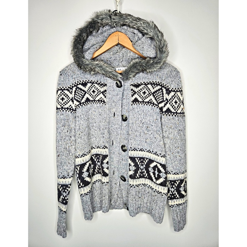 St. John's Bay Sweater M Gray Fair Isle Knit Hooded Alpaca Faux Fur Cardigan Y2K